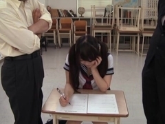 Teen schoolgirl gets fucked by two guys after a test