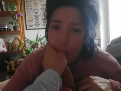 Petite brune gives sloppy blowjob and take cum in mouth
