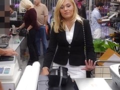 Sexy blonde milf pawns her pussy and fucked in storage room