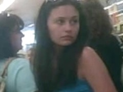 Upskirted a Cute Little Brunette in a Tiny Denim Skirt