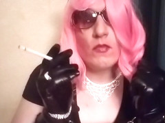 Sissy Mandy bitch in pink smoking vs120 in cuffs and gloves